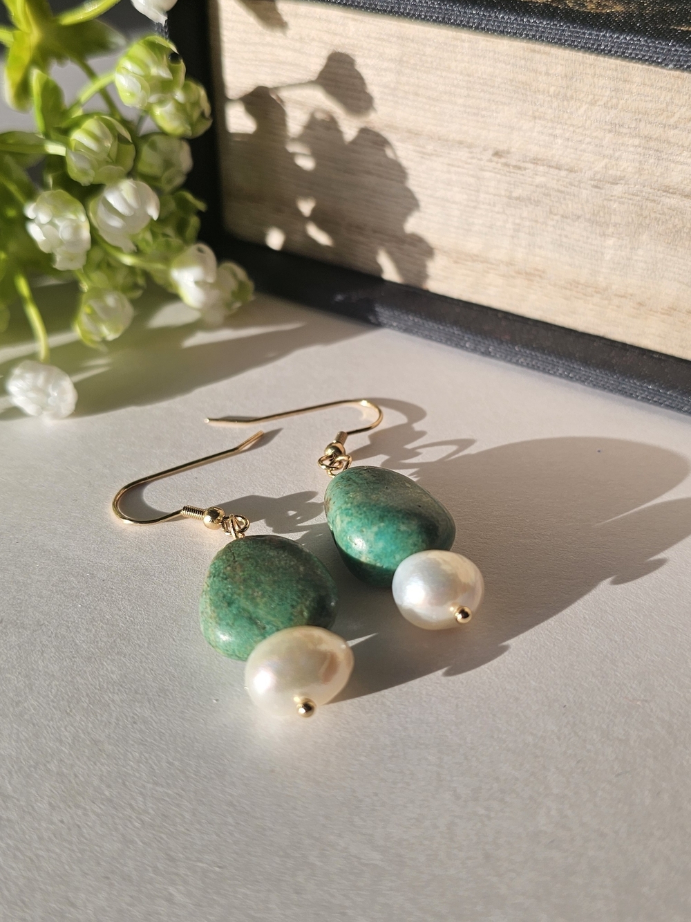 Genuine Turquiose Earrings with 13mm Baroque Pearl-French Vintage/Boho Style